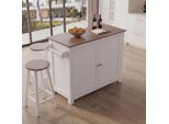 Kücheninsel MCW-P61 mit 2 Sitzhockern, Küchenschrank Staufächer MDF 90x120x45cm ~ weiß, helles Holz
