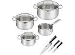 Topf-Set TEFAL "G719S7_K2323S74 Duetto+ Ice Force", grau (edelstahl), B:30cm H:19cm L:54cm Ø:24cm, Töpfe, Topf-Set, rostfreier Edelstahl, Deckel m. Abgießfunktion, inkl. 3tlg. Messer-Set