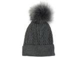 Bommelmütze STYLEBREAKER "Feinstrick Bommelmütze mit Zopfmuster", Damen, grau (dunkelgrau), 100% Viskose CV., Modisch, Mützen Bommelmütze