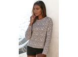 Sweatshirt LASCANA, Damen, Gr. 36/38, beige (beige, schwarz), Sweatware, Obermaterial: 60% Baumwolle, 40% Polyester, bedruckt, gemustert, bequem kurz, Rundhals, Sweatshirts Sweatshirt, Langarmshirt in locker sitzendem Schnitt, Loungewear