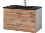 Waschtisch WELLTIME "Trento Badezimmerschrank mit Becken", braun (wotaneiche, weiß), B:80cm H:51,5cm T:47,5cm, Waschtische, Waschtisch, Badmöbel in Breite 80 cm , Waschplatz mit 2 Schubladen, Badschrank