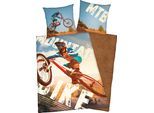 Jugendbettwäsche "Mountainbike", blau, B/L: 135cm x 200cm, 1 Stk., 1 Stk., Renforcé, B/L: 80cm x 80cm, 2 Stk., Renforcé, Obermaterial: 100% Baumwolle, HERDING YOUNG COLLECTION, Bettwäsche, Mit Mointainbikemotiv