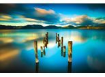Fototapete PAPERMOON "HOLZ-BRÜCKE-ALT STEG MEER GEBIRGE SEE STRAND SONNE RUHE", bunt, B:2,5m L:1,86m, Vlies, Tapeten
