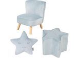 Kindersitzgruppe ROBA "Lil Sofa", blau (hellblau, sky), Sitzmöbel-Sets, Kinder, Samt, bestehend aus Kindersessel, Kinderhocker und Dekokissen in Sternform