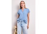 Kurzarmbluse STREET ONE, Damen, Gr. 42, original blau, Stoff, 100% Viskose, unifarben, normal normal, Rundhals, abgesteppt, Blusen, mit geschlitztem Rundhalsausschnitt