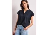 Kurzarmbluse STREET ONE, Damen, Gr. 38, shadowed navy, Stoff, 100% Viskose, unifarben, normal normal, Rundhals, abgesteppt, Blusen, mit geschlitztem Rundhalsausschnitt