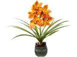 Kunstblume OTTO HOME "Orchidee", orange, B:35cm H:40cm L:25cm, Polyester, Kunstpflanzen, Mit Blätter im Topf aus Zement Künstliche Blume Cymbidium-Orchidee
