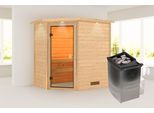 Sauna KARIBU "Juli" mit bronzierter Tür und Kranz SET, naturbelassen mit Ofen 9 kW", beige (naturbelassen), Saunaofen, integrierte Steuerung, 400 kW, Saunen, Sauna, aus hochwertiger nordischer Fichte