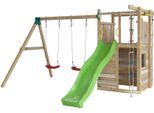 Spielturm FUNGOO "HOUSER, mit Rutsche, Schaukeln, Piratenrad und Haus mit Fenster", beige (natur), Spieltürme, KinderB:343cm H:220cm T:363cm, Holz, Made in Europe, B:343cm H:220cm T:363cm
