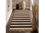 Teppich HANSE HOME "Playa", natur, weiß, schwarz, B:80cm H:6mm L:200cm, Jute, Teppiche, Teppich, Jute, Handgemacht, Naturteppich, Wohnzimmer, Läufer, Fransen
