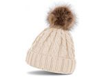 Bommelmütze STYLEBREAKER "Strickmütze mit Zopfmuster & Kunstfellbommel", Herren, beige, Obermaterial: 100% Polyacryl PAN., Modisch, Mützen Bommelmütze