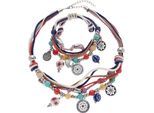 Schmuckset LASCANA "Bettlerarmband und Halsketten Set", Damen, bunt (blau, rot, weiß, rot, weiß), Baumwolle, Metall, bunt, Schmuck_Sets Schmuckset Halskette Armband, Mit vielen kleinen Anhängern