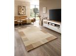 Wollteppich THEKO "Fjell Geometrisch", beige, B:250cm H:19mm L:350cm, Schurwolle, Teppiche, handgeknüpft, reine Schurwolle, meliert, mit Bordüre