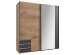 Boxxx Schwebetürenschrank, Graphit, Plankeneiche, Glas, Holzwerkstoff, 5 Fächer, 3 Schublade(n) Schubladen, 179x198x64 cm, Made in Germany, Typenauswahl, in verschiedenen Größen erhältlich, Holzdekoren erhältlich, Schlafzimmer, Kleiderschränke, Schwebetürenschränke
