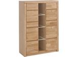 Highboard OTTO HOME "Silkeborg Fronten & Leisten aus Massivholz, Kospus aus Melamin", braun (eiche teilmassiv), Holzwerkstoff eichefarben (Korpus) / Massivholz Eiche (Front), Holz teilmassiv, Sideboards, Highboard, B/T/H: 90/35/125cm, 6 Melamin & 3 Glas einlegeboden die variabel sind.
