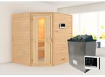 Sauna KARIBU "Mia (Fronteinstieg)", beige (naturbelassen), (ohne Ofen), Saunen, Sauna, Ofen 9 KW externe Strg easy