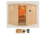 Sauna KARIBU "Marit", beige (naturbelassen), Saunaofen, externe Steuerung, 9 kW, Saunen, Sauna, Ofen 9 KW externe Strg easy