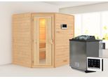Sauna KARIBU "Mia (Fronteinstieg)", beige (naturbelassen), (ohne Ofen), Saunen, Sauna, Ofen 9 kW Bio externe Strg easy