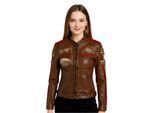 Dames bruine leren bikerjack met racebadges - Dalby