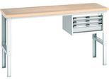 Bott Werkbank cubio, manuell höhenverstellbar, Buche-Multiplexplatte, B 2000 x H 740-1140 mm, bis 600 kg, Stahlgestell, lichtgrau RAL 7035, 3 Schubladen