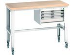 Bott Werkbank cubio, 4 Rollen, mit Hängeschrank, Buche-Multiplexplatte, B 1500 x T 750 mm, lichtgrau RAL 7035