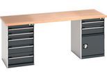 Bott Werkbank Cubio, Buche-Multiplexplatte, B 2000 x T 750 x H 940 mm, bis 1500 kg, Stahl, 7 Schubladen. lichtgrau/anthrazitgrau RAL 7035/7016