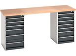 Bott Werkbank, Buche-Multiplexplatte, B 2000 x T 750 x H 940 mm, bis 1500 kg, 13 Schubladen, lichtgrau RAL 7035, abschließbar