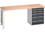 Bott Werkbank cubio, mit Schubladenschrank, Buche-Multiplexplatte, B 2000 x T 750 x H 840 mm, Tragkraft 700 kg, 5 Schubladen, Stahl, anthrazit/lichtgrau RAL 7035
