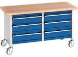 Bott Kastenwerkbank cubio, 6 Schubladen, 4 feststellabre Rollen, Buche-Multiplexplatte, B 1500 x T 750 x H 840 mm, enzianblau/lichtgrau