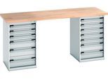 Bott Werkbank, Stahl, B 2000 x T 750 x H 940 mm, Tragkraft 1200 kg, Arbeitsplatte Buchenholz, 13 Schubladen, lichtgrau RAL 7035/Buche