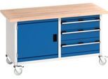 Bott Kastenwerkbank Cubio, 4 Lenkrollen, 3 Schubladen, 1 Tür, 40 mm Buche-Massiv, B 1500 x T 750 x H 840 mm, enzianblau/lichtgrau