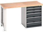Bott Werkbank cubio, mit Schubladenschrank, Buche-Multiplexplatte, B 1500 x T 750 x H 840 mm, 1200 kg Tragkraft, Stahl, anthrazit/lichtgrau