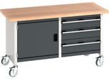 Bott Kastenwerkbank Cubio, 4 Lenkrollen, 3 Schubladen, 1 Tür, 40 mm Buche-Multiplexplatte, B 1500 x T 750 x H 840 mm, anthrazit/lichtgrau