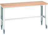 Bott Werkbank Cubio, 4 Lenkrollen, höhenverstellbar, Buche-Multiplexplatte, B 2000 x T 750 mm, bis 300 kg, lichtgrau RAL 7035