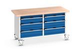 Bott Kastenwerkbank cubio, 6 Schubladen, 4 feststellabre Rollen, Buche-Massiv, B 1500 x T 750 x H 840 mm, enzianblau/lichtgrau