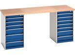 Bott Werkbänke Cubio, Buche-Multiplexplatte, B 2000 x T 750 x H 940 mm, bis 1500 kg, 13 Schubladen, lichtgrau/anthrazitgrau