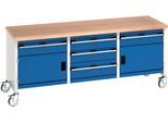 Bott Kastenwerkbank cubio, 5 Schubladen, Buche-Multiplexplatte, 4 Lenkrollen, B 2000 x T 750 x H 840 mm, enzianblau/lichtgrau