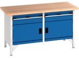 Bott Werkbank cubio Kastenwerkbank mit 2 Schubladen, Buche-Multiplexplatte, B 1500 x T 750 x H 840 mm, enzianblau/lichtgrau