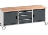 Bott Kastenwerkbank cubio, 4 Lenkrollen, 3 Schubladen, Buche-Massiv, B 2000 x T 750 x H 840 mm, anthrazit/lichtgrau