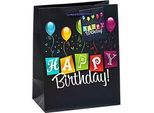 Geschenktüte TSI Happy Birthday, Format A5, mit Tragekordel und Beschriftungskärtchen, B 180 x T 100 x H 230 mm, PP-Folie, schwarz, 3 Stück