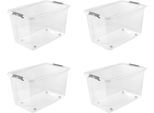Aufbewahrungsbox KEEEPER "Clipbox Leo (Set 4 St.) 56 L, 59 x 38 x 35,5 cm", transparent, B:59cm H:35,5cm T:38cm, Kunststoff, Aufbewahrungsboxen, Aufbewahrungsbox, Schanierclips, Doppelöffnung, 90 drehbare Räder, fixierbarer Deckel