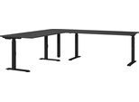 Schreibtisch GERMANIA "Mailand", grau (graphit, schwarz, graphit), B:240cm H:91cm T:220cm, Tische, Schreibtisch, Mechanisch höheneinstellbarer Winkelschreibtisch mit einem Stützfuß