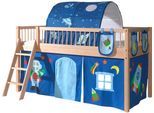 Spielbett VIPACK "Forrest, Absturzschutz mit Sprossen-Optik, Pfostenstärken ca. 50x50mm", buche natur lackiert, buche natur lackiert, buche natur lackiert, B:135,5cm H:114cm L:207,5cm, Betten, Spielbett, 90/200 cm, Spielbereich unter dem Bett, 2 Textil-Set´s zur Wahl