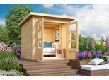 Gartenhaus KONIFERA "Floreana 2", braun (naturbelassen), Fußboden im Gartenhaus, Dachfolie, Massivholz, Gartenhäuser, Gartenhaus