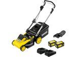 Akkurasenmäher KÄRCHER "LMO 5-18 Dual Battery Set", gelb, B:44cm H:103,1cm T:124,5cm, Rasenmäher, Akkurasenmäher, inkl. Akkus und Ladegerät