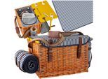 tectake® Picknickkorb, für 4 Personen, mit Picknickdecke, geflochtene Weide, 2 Schnallenverschlüsse und verstellbarer Tragegurt, inkl. 20-teiliges Geschirrset, Kellnermesser, Gewürzstreuer und Weinkühler