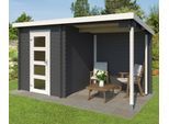 Gartenhaus LASITA MAJA "Jelle 175 Plus", grau (carbongrau), ohne Fußboden, Rückwand, ohne Dacheindeckung, Massivholz, Gartenhäuser, Gartenhaus, Blockbohlenhaus 28mm mit Anbau