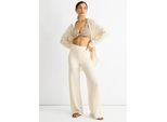 Beige Strukturierte Hose mit elastischem Bund und ausgestelltem Bein