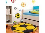 Kinderteppich AYYILDIZ TEPPICHE "Fun 6001" Gr. 9, gelb, H:30mm Ø:100cm, Kunstfaser, Teppiche, Kinderteppich, robuster Kurzflor, Fussball, Kinderzimmer
