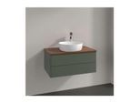 Villeroy und Boch Antao Waschtisch-Unterschrank L19012HL mit Beleuchtung, 2 Auszüge, 800 x 360 x 500 mm, Front ohne Struktur, Leaf Green Matt Lacquer / Warm Walnut